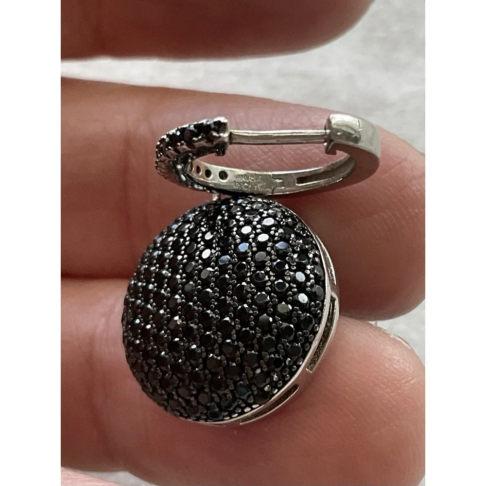 925 Sterling Silver Pave-set black spinel ball design Drop Earrings - Picture 5 of 9